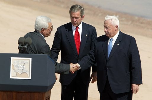 President Bush, Mahmoud Abbas, and Ariel Sharon meet at the Red Sea Summit in Aqaba, Jordan, June 4, 2003