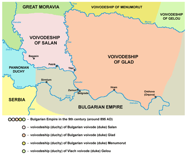 The duchies of Glad and Salan within the Bulgarian Empire. The lands of Menumorut were located to the north of Glad's duchy.