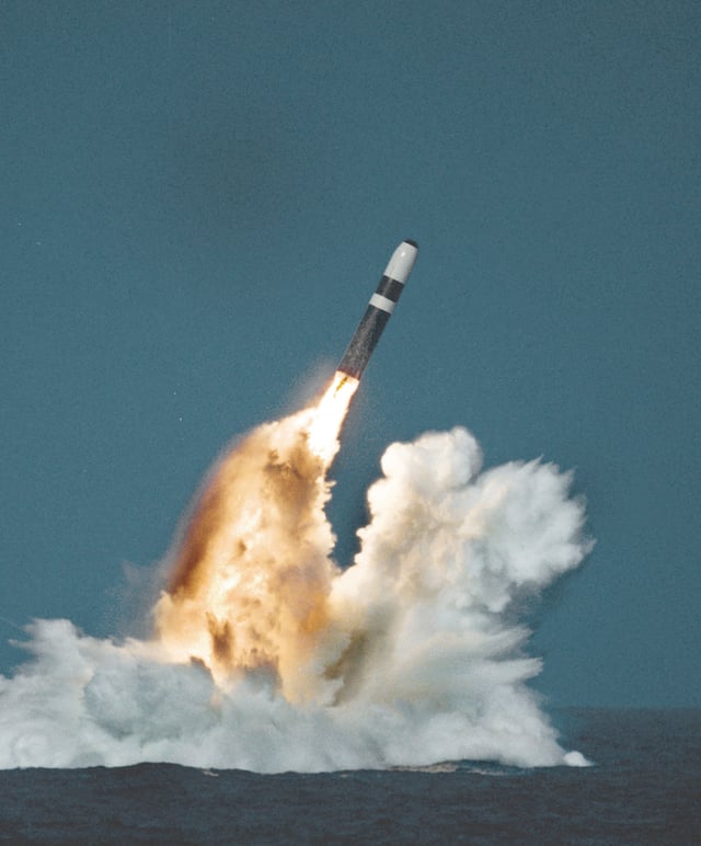 A Trident II SLBM being launched from a Vanguard-class submarine