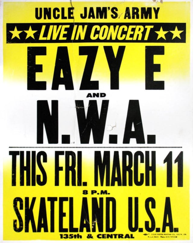 Poster for one of N.W.A's first concerts at a Compton skating rink, 1988