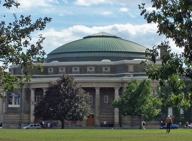 The neoclassical Convocation Hall is characterized by its domed roof and Ionic-pillared rotunda.