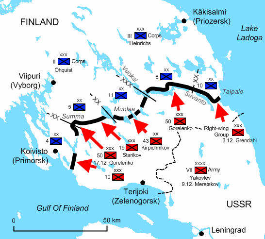 The situation on 7 December: Soviets have reached the Mannerheim Line on the Karelian Isthmus.  Finnish division (XX) or corps (XXX)  Soviet division (XX), corps (XXX) or army (XXXX)
