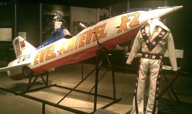 Knievel's Skycycle X-2 and canvas jumpsuit on display at the Harley-Davidson Museum in September 2010.