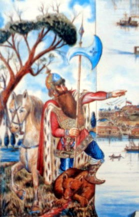 Yaroslav the Wise stands over the body of the bear which he, according to legend, killed before founding the city