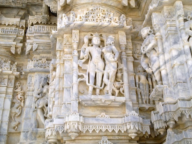 Right: Indra, Indrani with elephant at the 9th-century Mirpur Jain Temple in Rajasthan (rebuilt 15th-century).