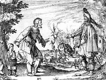 A peasant begs for mercy in front of a burning farm.