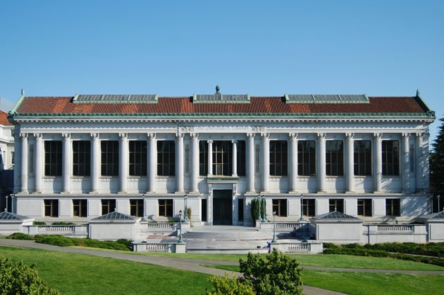 The north facade of Doe Library with Memorial Glade in the foreground