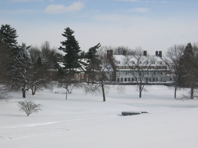 Forbes College in winter from the golf course