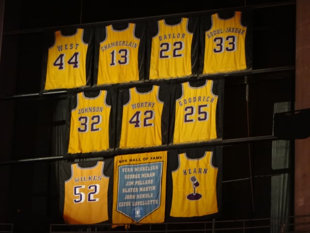 Lakers retired jerseys hanging inside the Staples Center in 2013