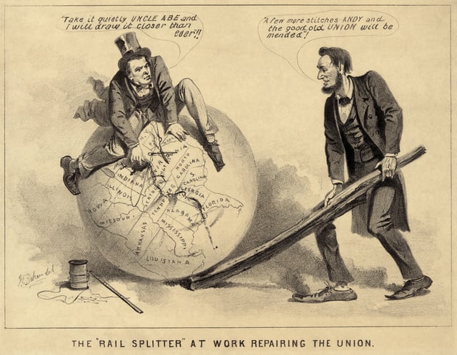 A political cartoon of Andrew Johnson and Abraham Lincoln, 1865, entitled "The Rail Splitter At Work Repairing the Union".