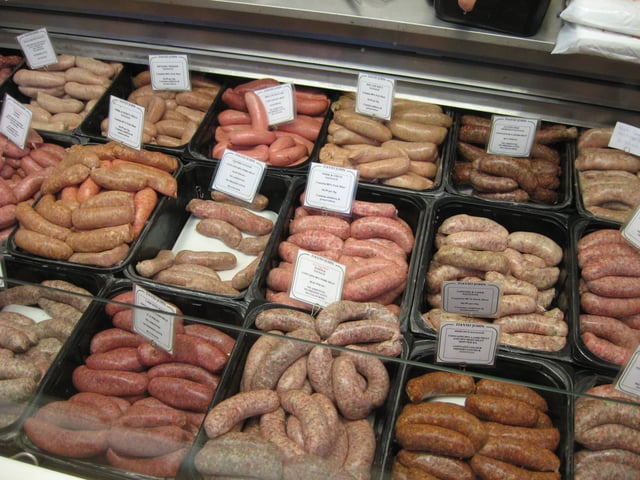 Sausages, seen in The Covered Market, Oxford