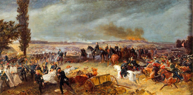 King Wilhelm I on a black horse with his suite, Bismarck, Moltke, and others, watching the Battle of Königgrätz