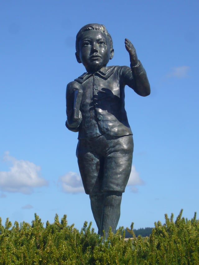 A statue of  a young Ernest Rutherford at his memorial in Brightwater, New Zealand.