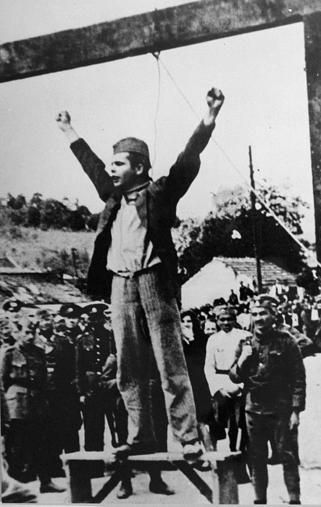 Partisan fighter Stjepan "Stevo" Filipović shouting "Death to fascism, freedom to the people!" seconds before his execution by a Serbian State Guard (local collaborator) unit in Valjevo, occupied Yugoslavia. These words became the Partisan slogan afterwards.