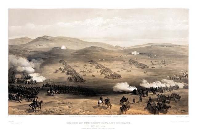 The charge of the Light Brigade, October 1854; The 8th Hussars were in the third line of cavalry (on the right of the picture)