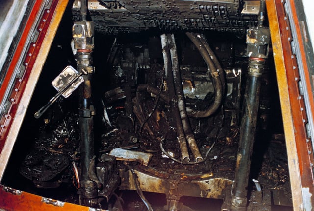 The interior of the Apollo 1 Command Module. Pure O2 at higher than normal pressure and a spark led to a fire and the loss of the Apollo 1 crew.