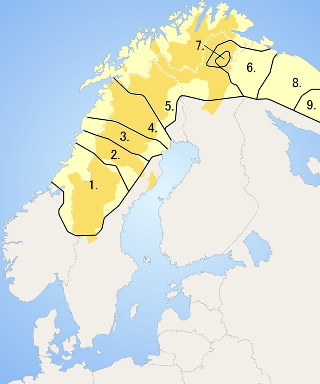 Geographic distribution of the Sami languages: Southern SamiUme SamiPite SamiLule SamiNorthern SamiSkolt SamiInari SamiKildin SamiTer Sami Darkened area represents municipalities that recognize Sámi as an official language.