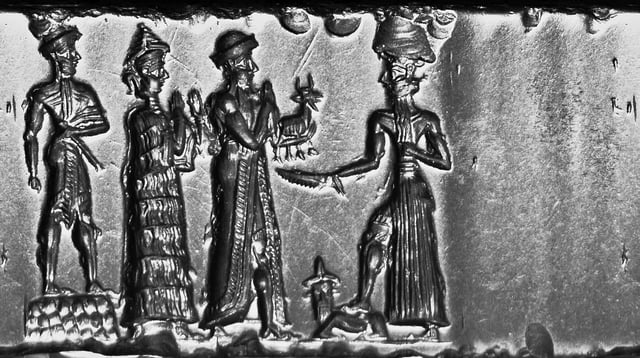 Cylinder Seal, Old Babylonian Period, c.1800 BC, hematite. The king makes an animal offering to Shamash. This seal was probably made in a workshop at Sippar.