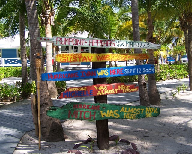 Signs at Rum Point commemorating landed and near-miss hurricanes
