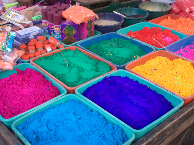 Shops start selling colours for Holi in the days and weeks beforehand
