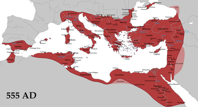 Emperor Justinian reconquered many former territories of the Western Roman Empire, including Italy, Dalmatia, Africa, and southern Hispania.