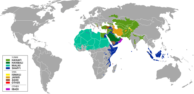 The main Islamic madh'habs (schools of law) of Muslim-majority countries or distributions