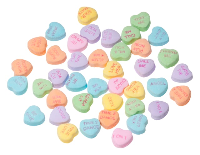 Conversation hearts, candies with messages on them that are strongly associated with Valentine's Day.