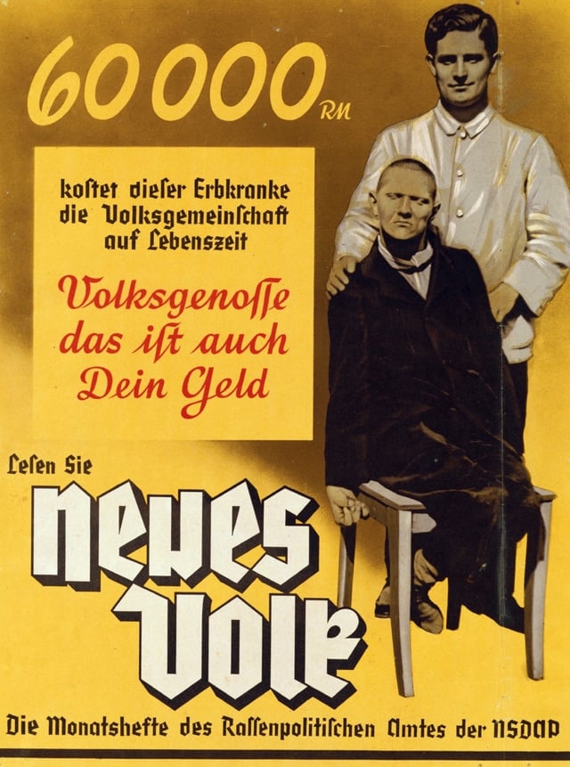 The poster reads: "60,000 RM is what this person with hereditary illness costs the community in his lifetime. Fellow citizen, that is your money too. Read Neues Volk, the monthly magazine of the Office of Racial Policy of the NSDAP."