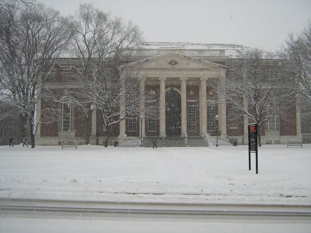 The front facade of Olin Memorial Library.