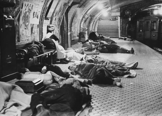 People seek refuge in the metro during the unsuccessful Francoist bombings (1936-1937) over Republican Madrid, Spanish Civil War.