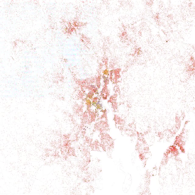 Map of racial distribution in Providence, 2010 U.S. Census. Each dot is 25 people: White, Black, Asian, Hispanic or Other (yellow)