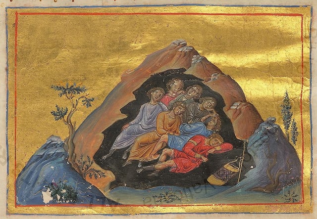 Medieval manuscript illumination from the Menologion of Basil II (985 AD), showing the Seven Sleepers of Ephesus sleeping in their cave