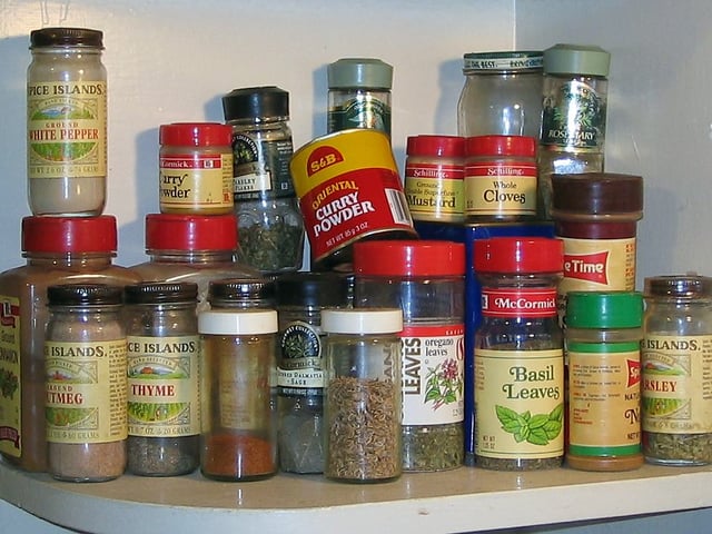A typical home's kitchen shelf of spices in the United States or Canada.