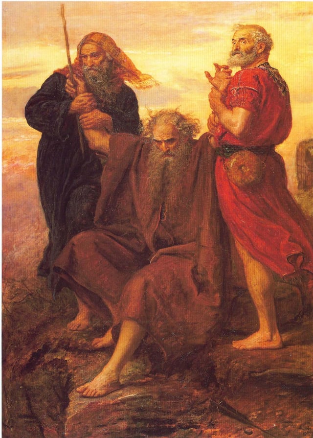 Moses holding up his arms during the battle against Amalek, assisted by Aaron and Hur; 19th-century painting by John Everett Millais