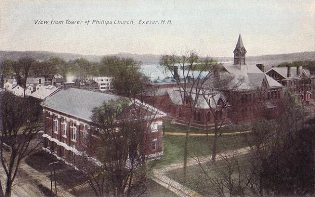 View from the tower of Phillips Church in 1911, showing Alumni Hall (1903, now Mayer Art Center), and third Academy Building (1872–1914)