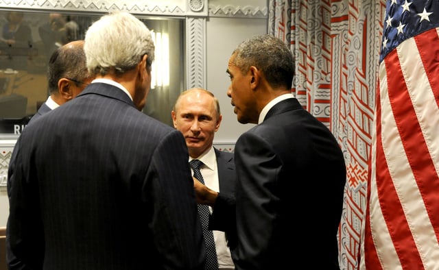John Kerry and Barack Obama meet with Russian President Vladimir Putin to discuss Syria, September 29, 2015