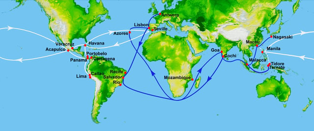 White represents the route of the Manila Galleons in the Pacific and the flota in the Atlantic; blue represents Portuguese routes.