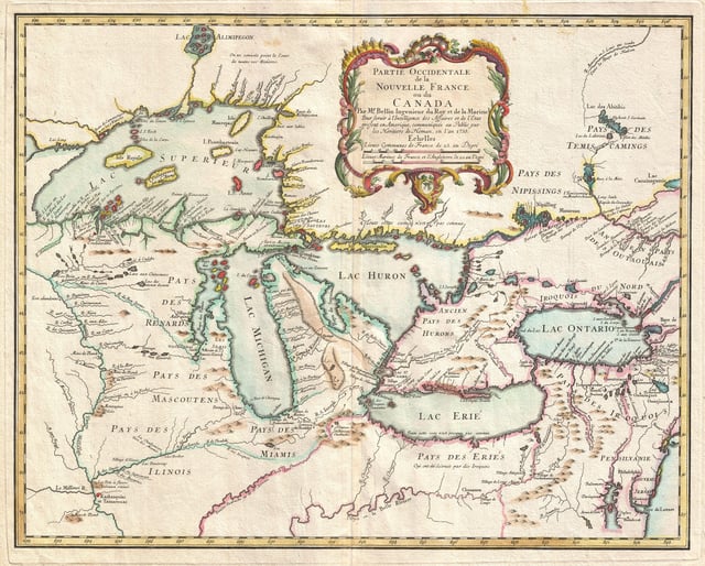 A 1755 map of the Pays d'en Haut region of New France, an area that included most of Ontario