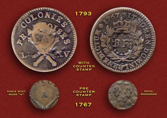 1767 Louis XV Colonies Françoises (West Indies) 12 Diniers copper Sous (w/1793 "RF" counterstamp)