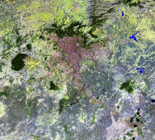 Addis-Ababa and vicinities (false colors satellite image): it is an urbanization strip connecting Addis Ababa and Debre Zeyit city (at image right bottom corner)