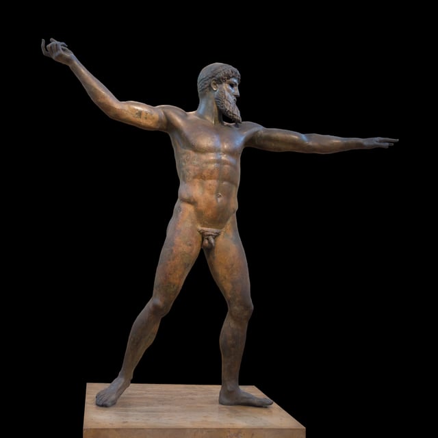 The Artemision Bronze or God of the Sea, that represents either Zeus or Poseidon, is exhibited in the National Archaeological Museum.