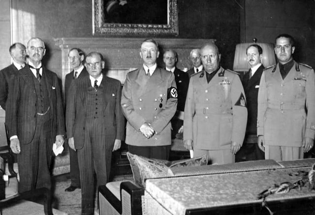 From left to right: Chamberlain, Daladier, Hitler, Mussolini, and Italian Foreign Minister Count Ciano, as they prepare to sign the Munich Agreement