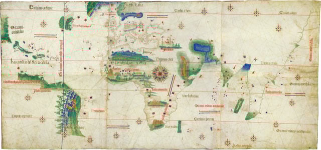 Cantino planisphere 1502,  one of the earliest surviving charts showing the explorations of Pedro Álvares Cabral to Brazil. The Tordesillas line is also depicted.