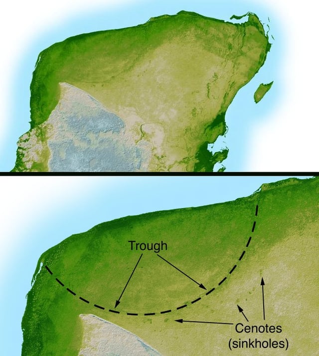The Chicxulub Crater at the tip of the Yucatán Peninsula; the impactor that formed this crater may have caused the dinosaur extinction.