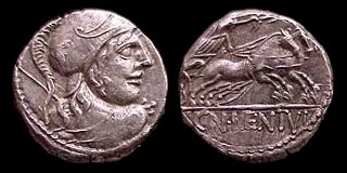 Denarius, issued 88 BC, depicting the helmeted head of Mars, with Victory driving a two-horse chariot (biga) on the reverse