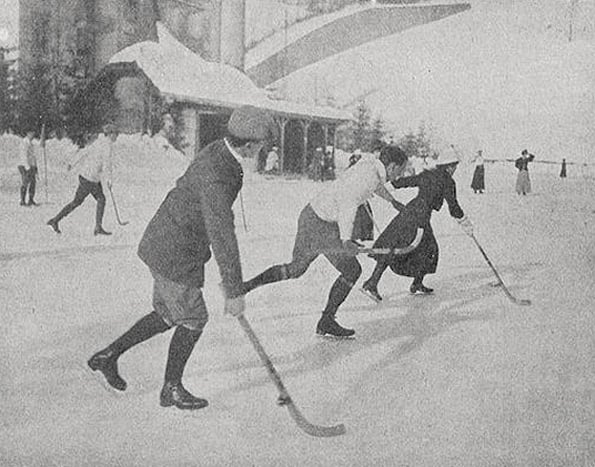 Men and women playing hockey in Switzerland 1914