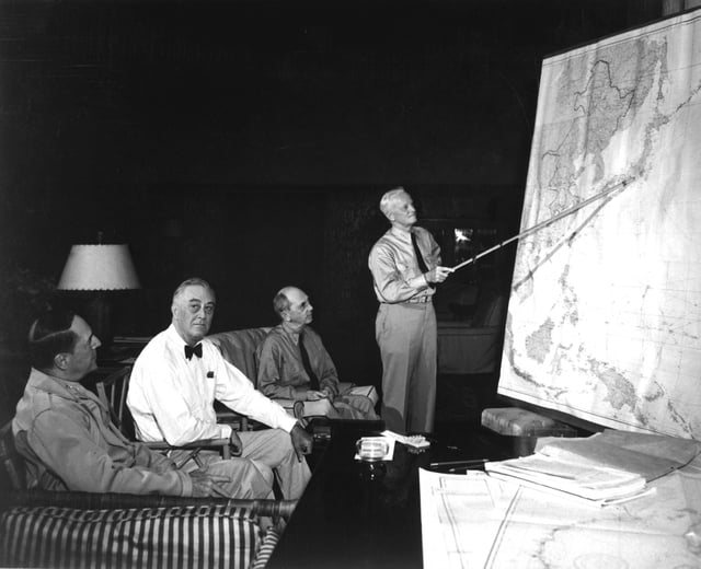 Conference in Hawaii, July 1944. Left to right: General MacArthur, President Roosevelt, Admiral Leahy, Admiral Nimitz.