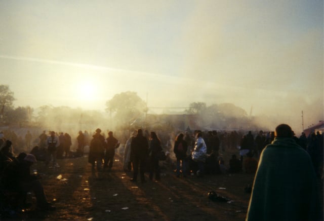 Techno music is played on a sound-system at dawn, Glastonbury 2000