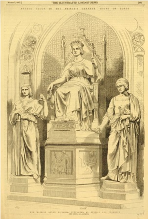 Her Majesty Queen Victoria, supported by Justice and Clemency, by John Gibson (sculptor), Prince's Chamber,  The Illustrated London News, 7 March 1857