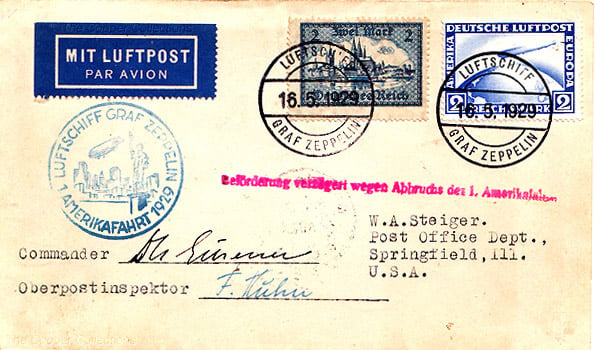 Cover autographed by Dr. Hugo Eckener flown on the nearly disastrous "Interrupted Flight" in May/August 1929
